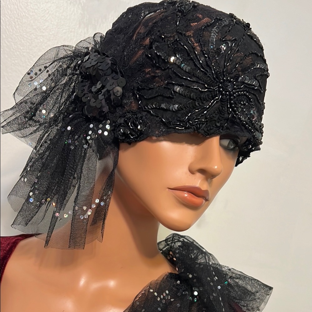2 pc set Black Church Daytime Flapper Hat Cloche Fingerless Gloves